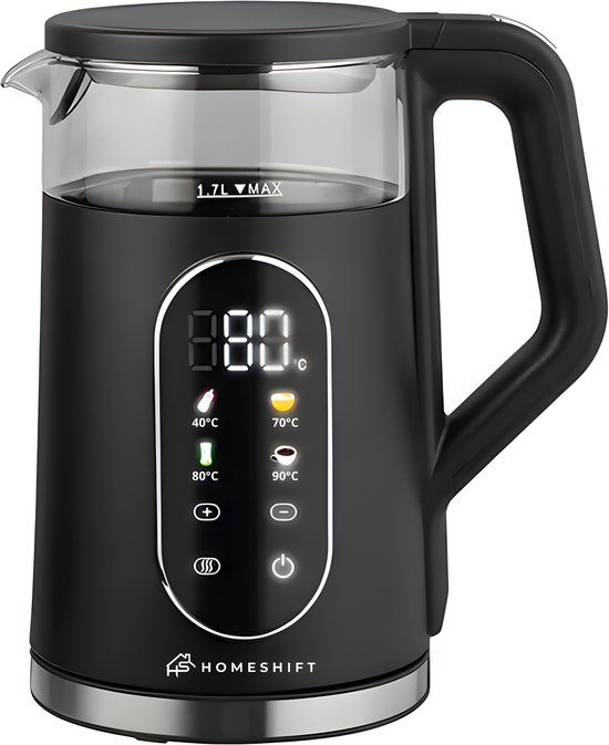 HomeShift® Waterkoker met Temperatuurregeling - Warmhoudfunctie - Dubbelwandig - Elektrisch - 1,7 Liter - 2200W - Zwart