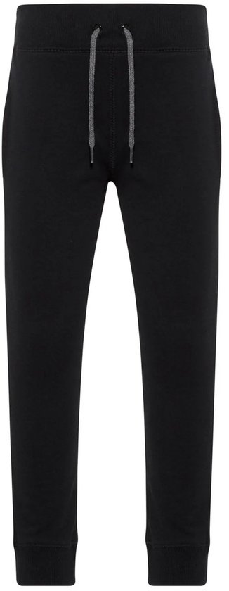 Zwarte joggingbroek met grijze trekkerkoord, steekzakken en elastische manchetten.