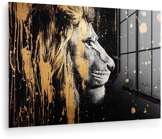 MuchoWow® Glasschilderij 150x100 cm - Schilderij acrylglas - Portret - Leeuw - Abstract - Goud - Foto op glas - Muurdecoratie woonkamer - Wanddecoratie slaapkamer - Schilderijen