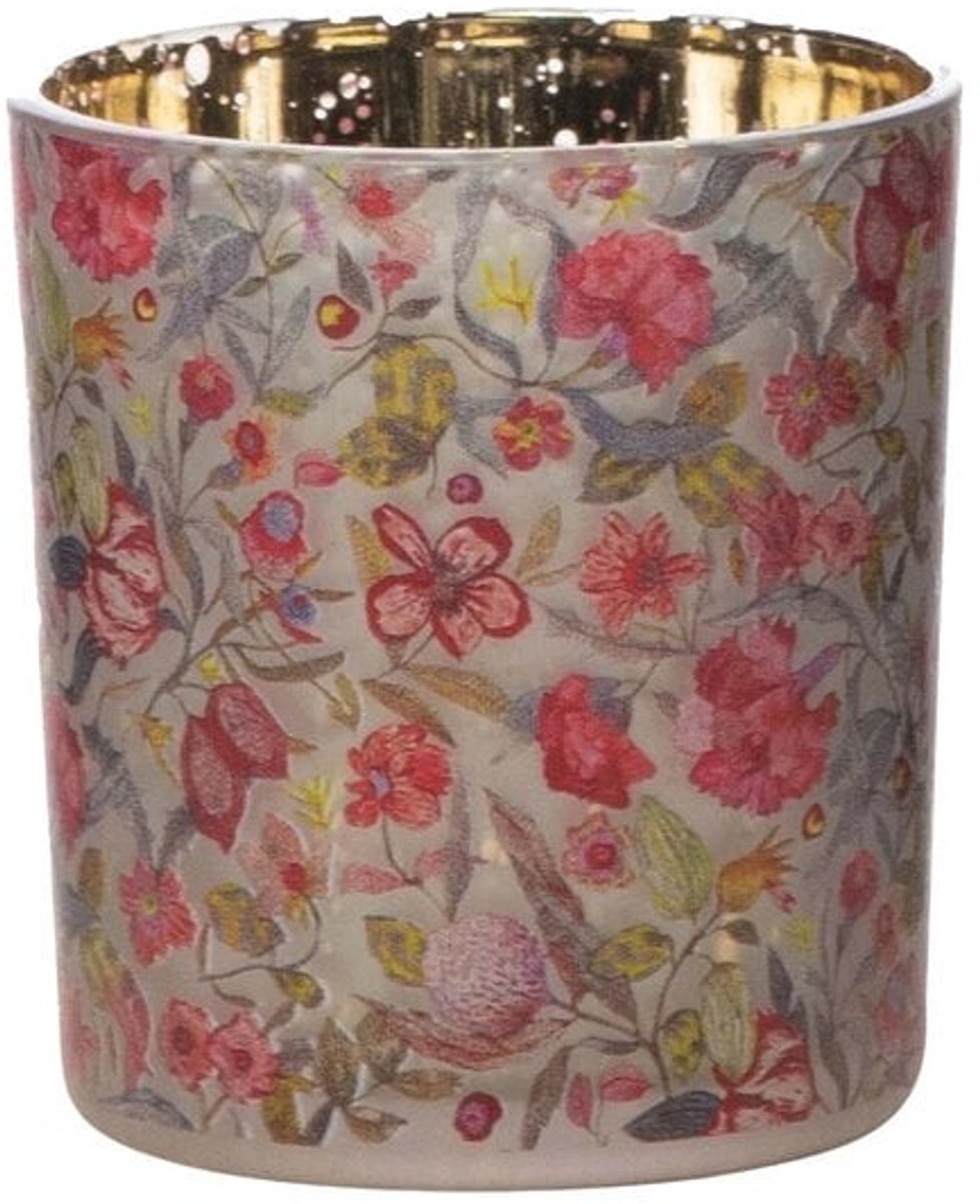 Mars & More Windlicht Glas zara bloemen klein 8 cm Wit, roze en rood tinten