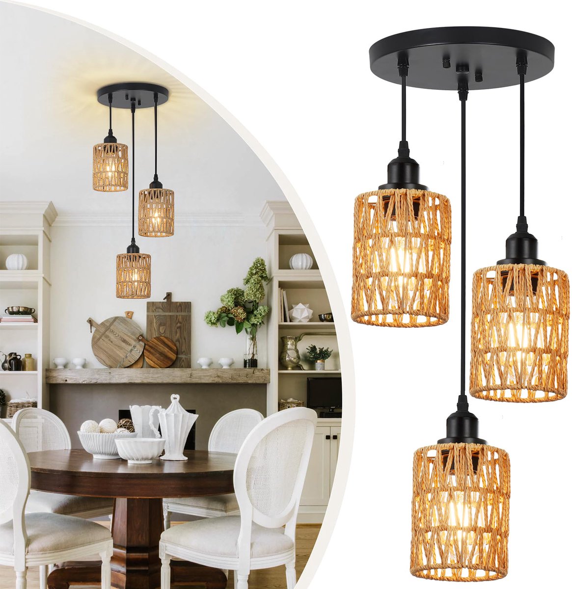 Rosnek Hanglamp met Handgeweven Rotan Naturel - 3 lichts - Boho Hangend Eetkamerlamp - E27 Dimbare LED - Hoogte Verstelbaar tot 120cm - voor Keuken, Eetkamer of Hal - Vintage - Landelijke