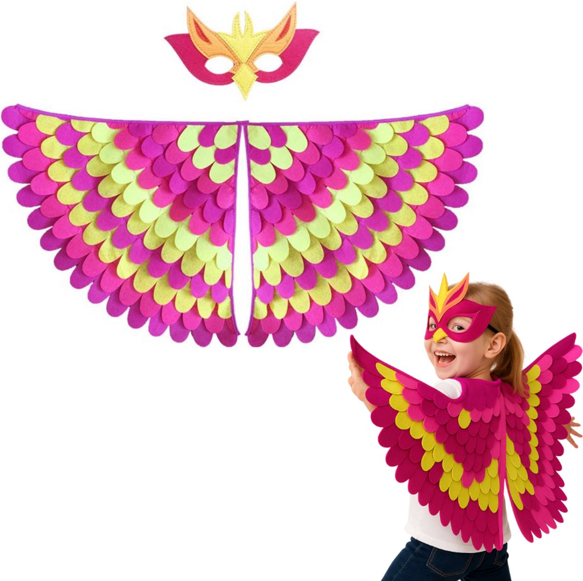 Joya Kids® Vogel Verkleedcape Masker Fluo Roze Geel | Cape Masker van Vilt | Vilten Verkleedset | Verkleden Paradijsvogel | Verkleedkleding | Cape | Carnaval Halloween Outfit