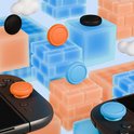 Gedetailleerde weergave van blauwe en oranje blokken, met thumb grips en controllers.