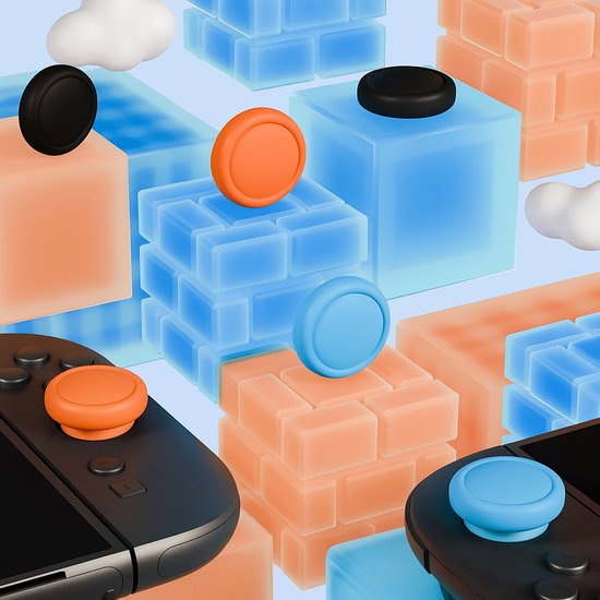 Gedetailleerde weergave van blauwe en oranje blokken, met thumb grips en controllers.