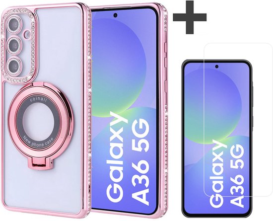 Étui avec support anneau pour Samsung Galaxy A36, orné de paillettes Diamant et d'une protection d'écran en Glas trempé - Coque arrière Arara - Or rose