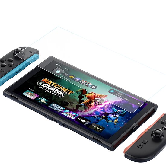 Nintendo Switch-scherm met een blauwe en oranje Joy-Con controller, en een screenprotector.