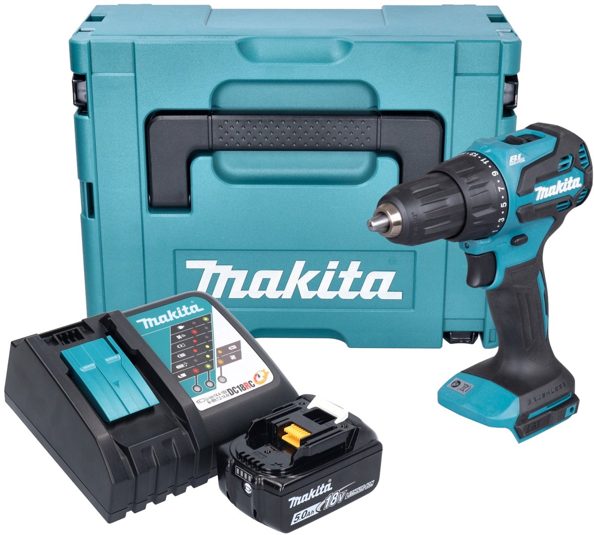 Makita DHP 490 RT1J accu klopboormachine 18 V 65 Nm borstelloos + 1x oplaadbare accu 5.0 Ah + lader + Makpac