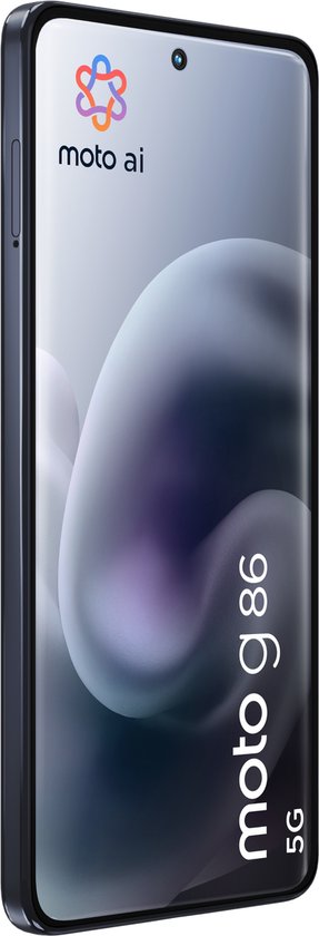 Motorola moto g86 5G in donkergrijs, zijaanzicht met het scherm naar voren gericht, met 'moto ai' en 'moto g86 5G'.