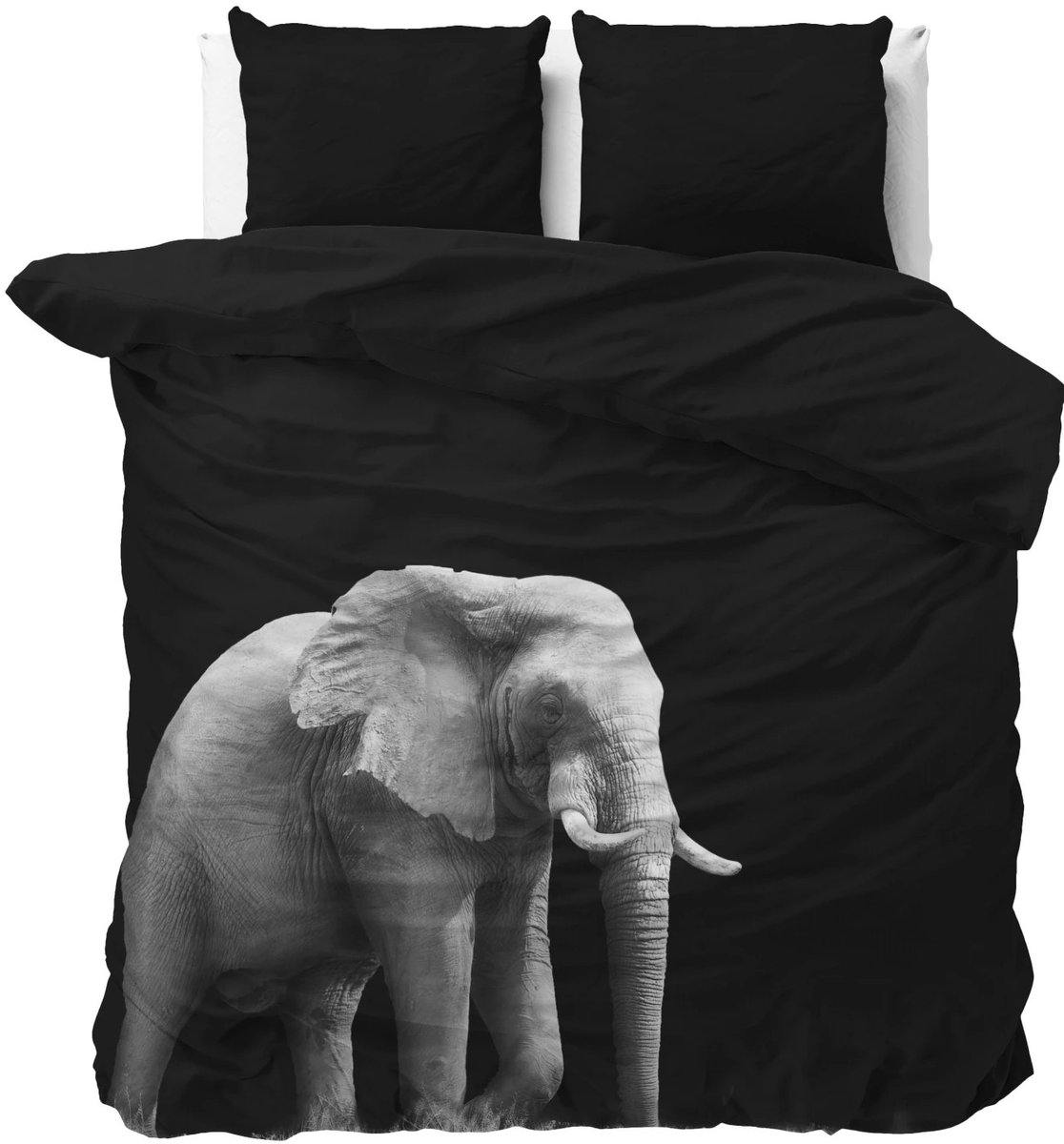 Lits-jumeaux dekbedovertrek (dekbed hoes) zwart met grote grijze olifant met slagtanden (fotoprint elephant) 240 x 220 cm (dieren beddengoed)
