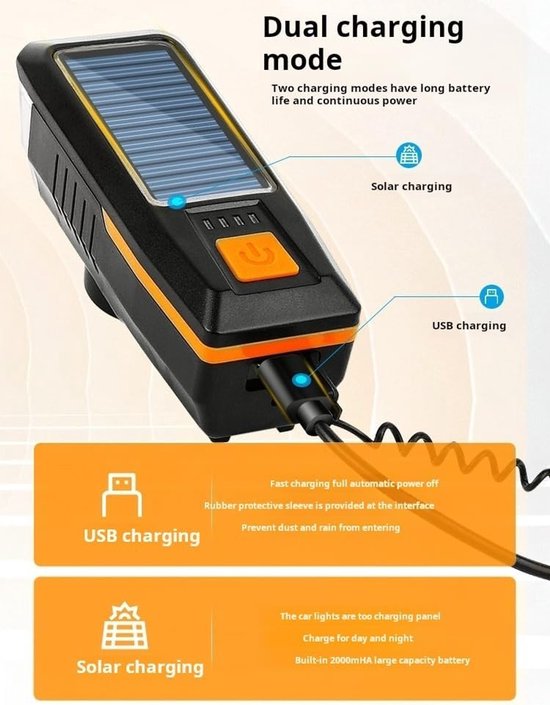 Solar & USB Fietslamp Set - 2000mAh Batterij - 200m Bereik + 120dB Hoorn - 5 Geluidsstanden - Waterdicht IPX5 - Voor E-Bike/MTB — afbeelding 5