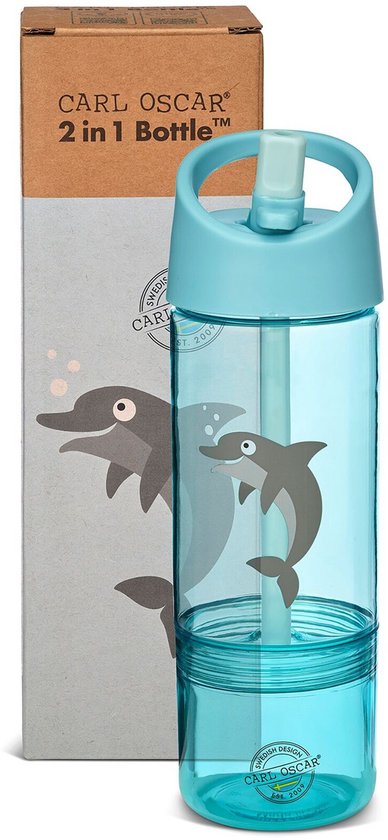 Carl Oscar – Blauw Dolphin – Coffret déjeuner Enfants – École et sorties – BentoDISC™ Ø18 cm – 0 L– Boîte de rangement et gourde 2 en 1 avec compartiment à goûter amovible