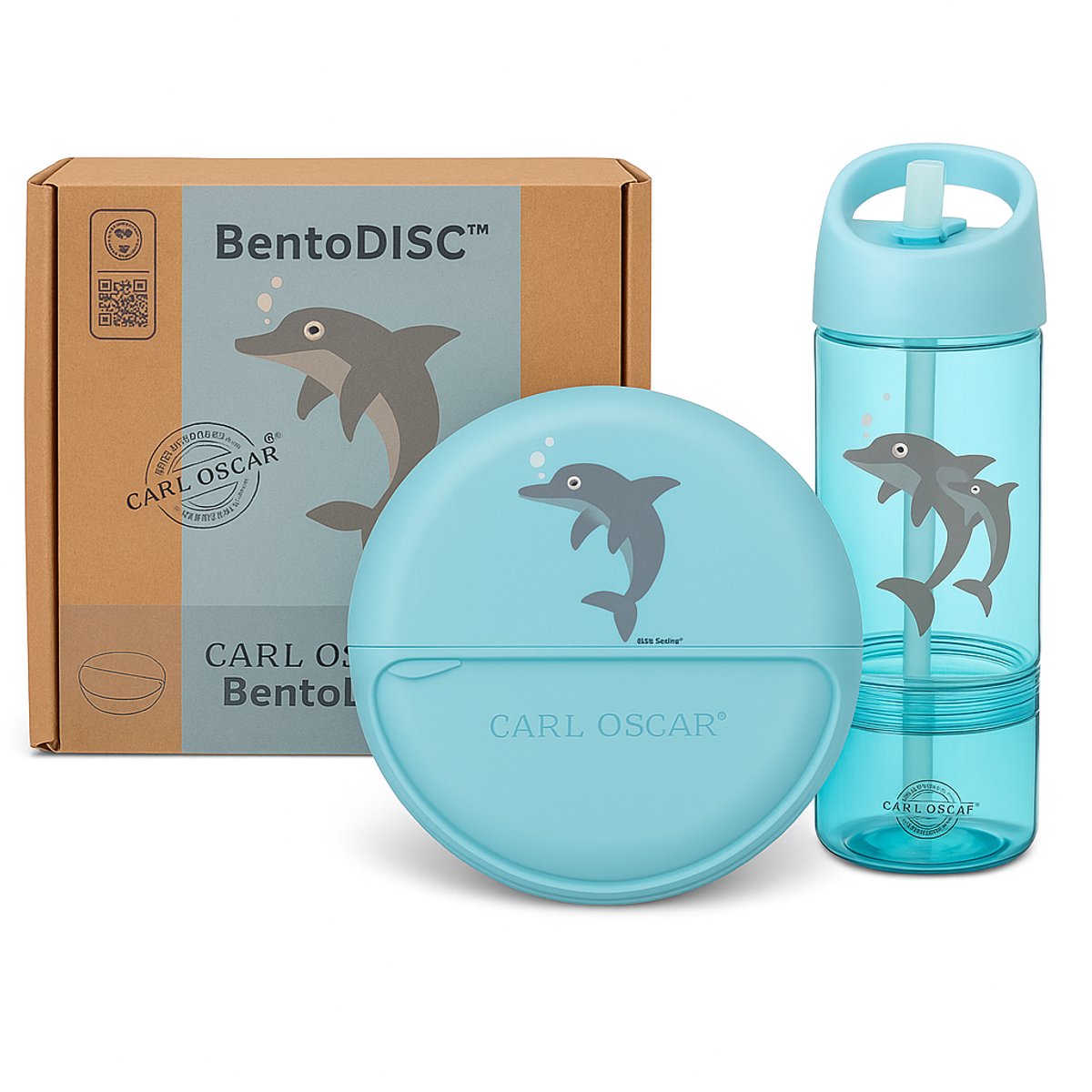 Carl Oscar – Blauw Dolphin – Lunchset voor Kinderen – School & Uitjes – BentoDISC™ Ø18 cm – 0,5L – Opbergdoos & 2-in-1 Drinkfles met Afneembaar Snackcompartiment