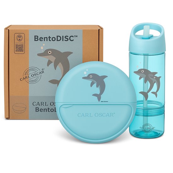 Carl Oscar – Blauw Dolphin – Coffret déjeuner Enfants – École et sorties – BentoDISC™ Ø18 cm – 0 L– Boîte de rangement et gourde 2 en 1 avec compartiment à goûter amovible