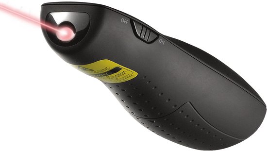 Zwarte Logitech R400 presenter met rode laserstraal en aan/uit-schakelaar.