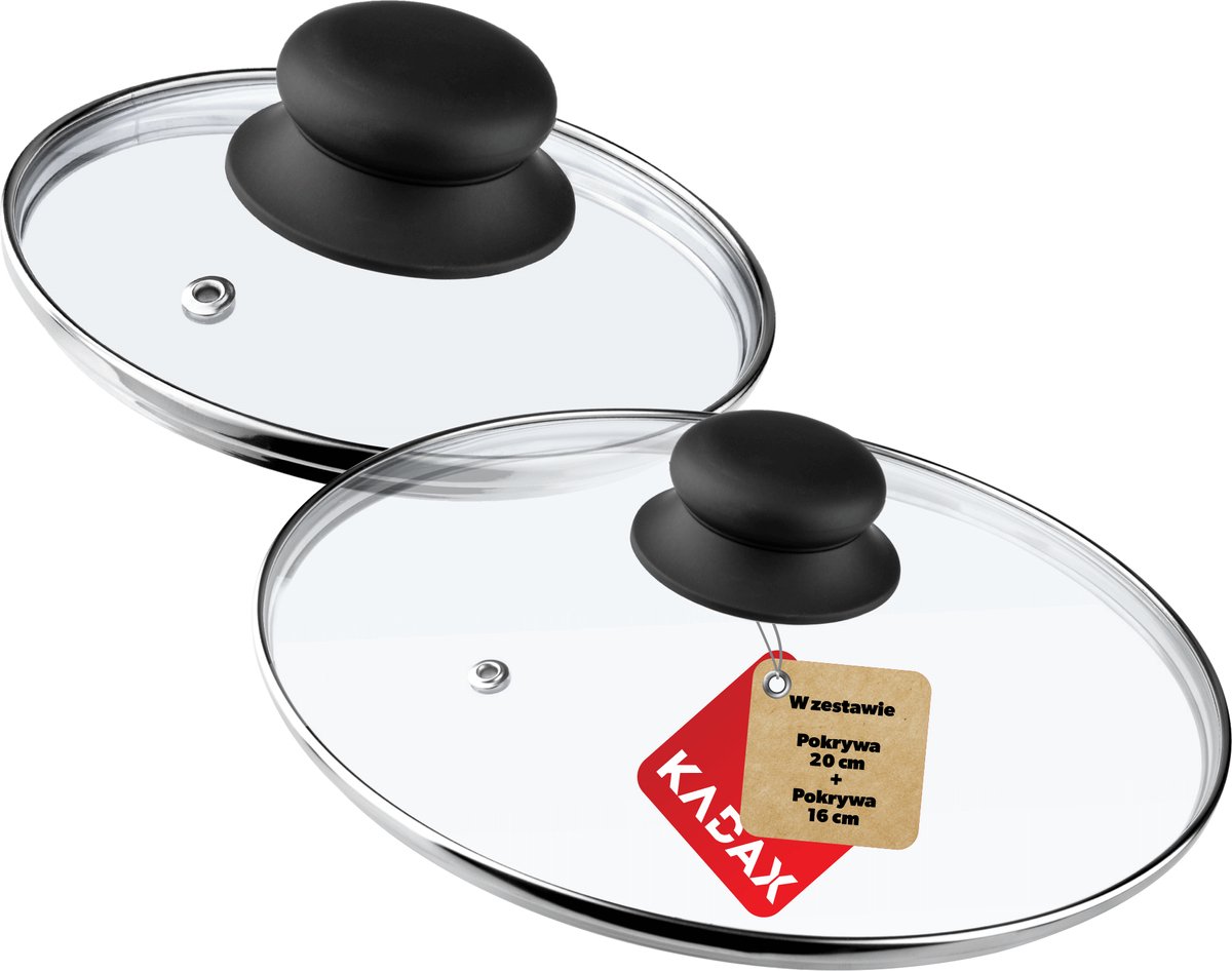 KADAX glazen dekselset, ingemaakte deksel gemaakt van glas, ?14-30 cm, warmtebestendig deksel voor pot, pan, pan deksel met handvat gemaakt van plastic, universeel deksel (20+16 cm)