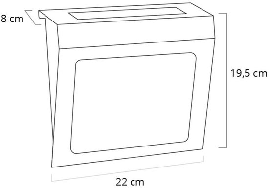 Schematische tekening van een zwart huisnummerbord met afmetingen: 22 cm breed, 19,5 cm hoog en 8 cm diep.