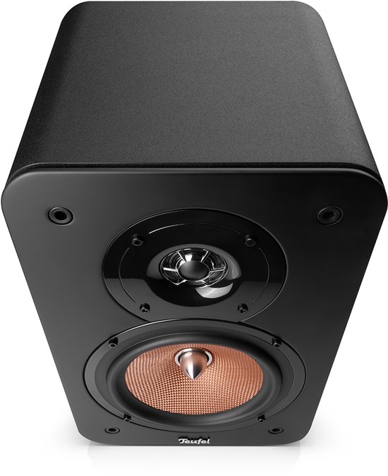 Zwarte Teufel boekenplankspeaker met koperkleurige woofer en tweeter.