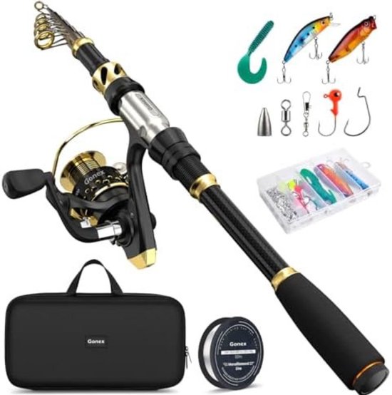 Telescopische Hengel & Molen Combo – 1,8 m – Carbon Steun – Spinning Hengelset Compleet met Vislijn, Aas, EVA Draagtas – Lichtgewicht & Compact – Voor Zoet- en Zoutwater – Beginners & Reizen – Grijs/Zwart — afbeelding 2