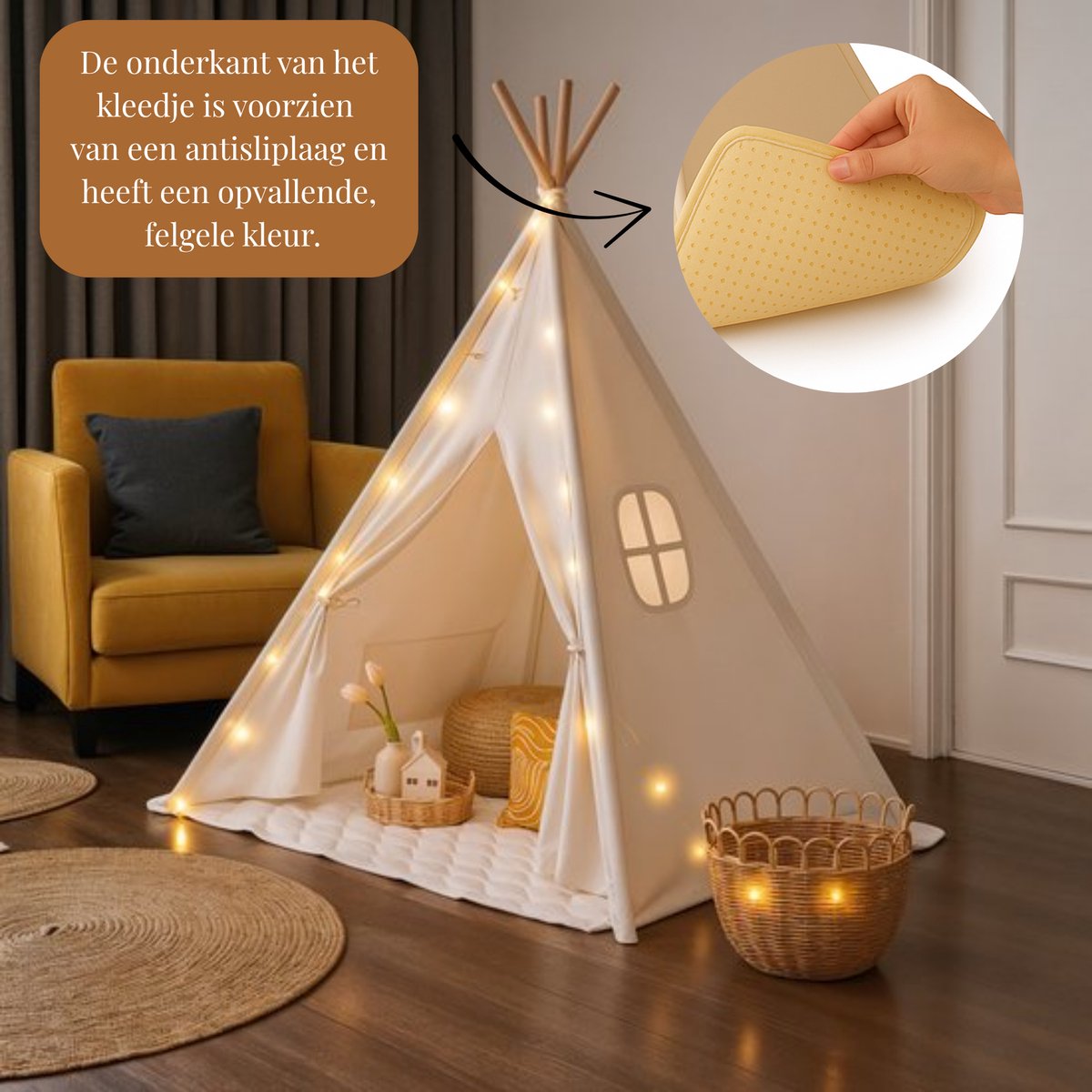 ZoeZo Design - Tipi Tent - Off-White - voor Kinderen - 100% Katoen - Wigwam Speeltent - Kindertent - Speeltent - Tipitent Speelhuis - 120x120x150cm — afbeelding 2