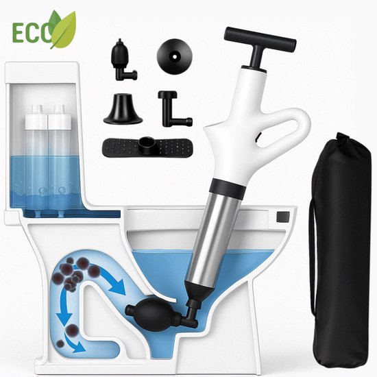 Taplay Ontstopper – WC Ontstopper met Luchtdruk & Opzetstukken – Gootsteenontstopper - Toilet Ontstopper - Douche Ontstopper – Inclusief Opbergtas – Duurzaam & Herbruikbaar