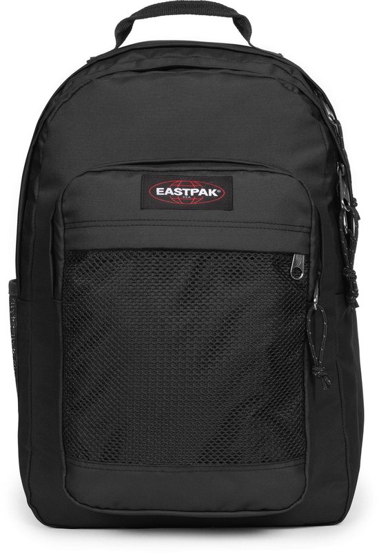 Zwarte Eastpak rugzak met logo, voorvak en mesh detail.