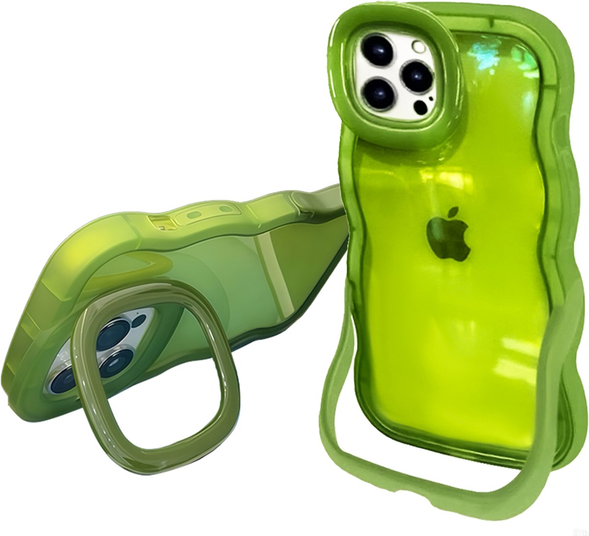 Hoesje voor iPhone 15 Pro Max, Dubbele Standaards Case, Wavy TPU Hose met Golfrand, Schattige Schokbestendige Hose voor Vrouwen-Transparant Design, Groen - Screenprotector