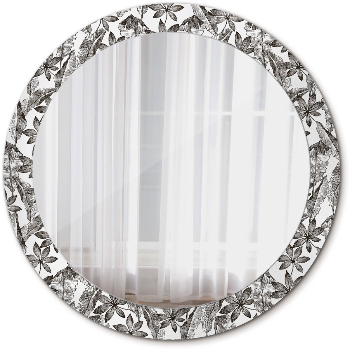 Tulup Spiegel - Spiegel op gehard Glas - Ronde Spiegel - Tropische bladeren - Diameter: 80 cm - Design Spiegel - Decor voor woonkamer - Spiegel voor hal of entree - Zwart-Witte - Stijlvol accent - Eigеntijds Spiegel - Spiegelmontageset