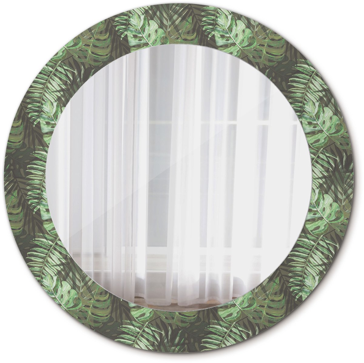 Tulup Spiegel - Ronde Spiegel - Spiegel op gehard Glas - Tropische bladeren - Diameter: 60 cm - Spiegel met decoratieve opdruk - Slaapkamerspiegel - Badkamerspiegel - Gang - Kleedkamer - Groene - Luxe Spiegel - Make-up Spiegel - Wandmontage