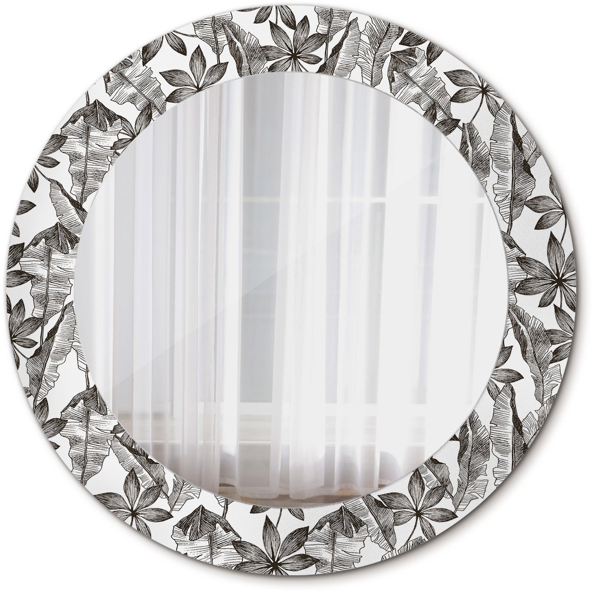Tulup Spiegel - Spiegel op gehard Glas - Ronde Spiegel - Tropische bladeren - Diameter: 60 cm - Design Spiegel - Inloopkastspiegel – Badkamerspiegel - Toiletspiegel - Zwart-Witte - Wanddecoratie Spiegel - Make-up Spiegel - Spiegelmontageset