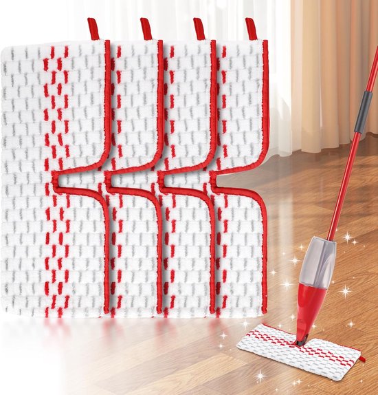 Un ensemble de huit brosses de nettoyage blanches à bords et points rouges, à côté d'une serpillière à pulvérisation rouge sur un plancher en bois.