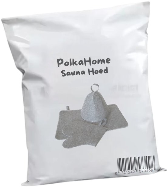 Witte verpakking van PolkaHome sauna hoed met afbeelding van de saunaset.
