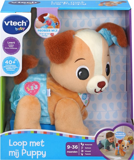 Doos van de VTech 'Loop met mij Puppy' speelgoed, met de puppy en een baby erop.