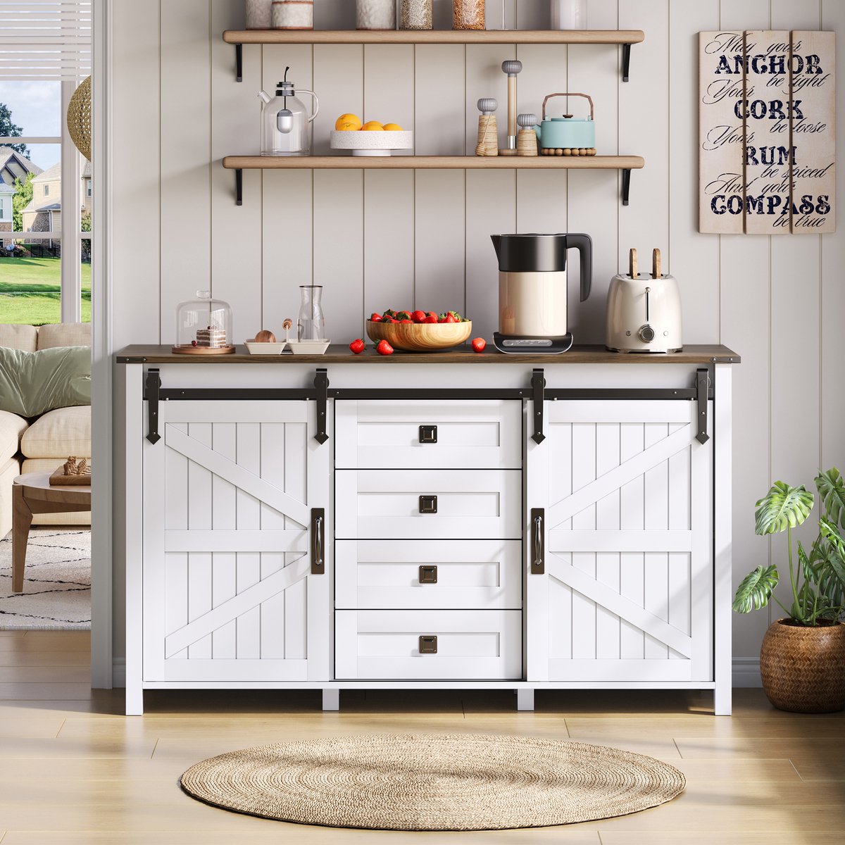 Gutent Dressoir - met opbergruimte - 137cm breed - met schuifdeuren - 4 laden - Wit