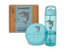 Carl Oscar – Blauw Dolphin – Lunchset voor Kinderen – School & Uitjes – SnackDISC™ Ø15 cm – Opbergdoos & 2-in-1 Drinkfles met Afneembaar Snackcompartiment