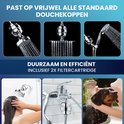 Collage van afbeeldingen die de compatibiliteit en toepassing van de douchefilter tonen: in een douche, aan een kraan, en bij het wassen van een hond.