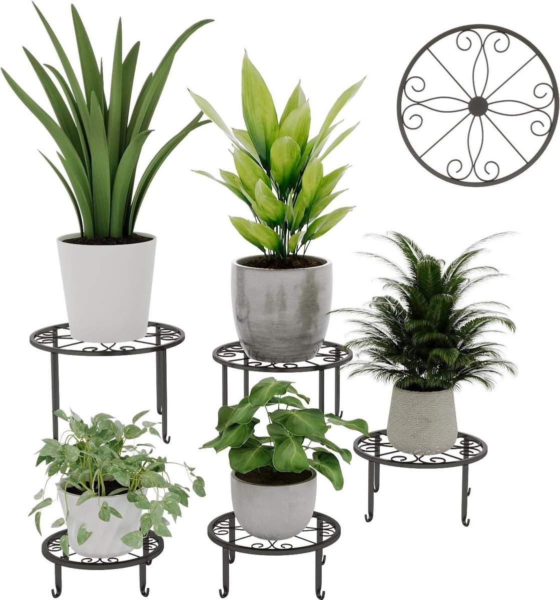 JGS Premium - Bloemenstandaard set van 5 - Zwart - Metalen plantenstandaard - Stabiel en decoratief - Voor binnen en buiten - Bloementrap - 5 maten - Ø 28/25/23/20/17 cm