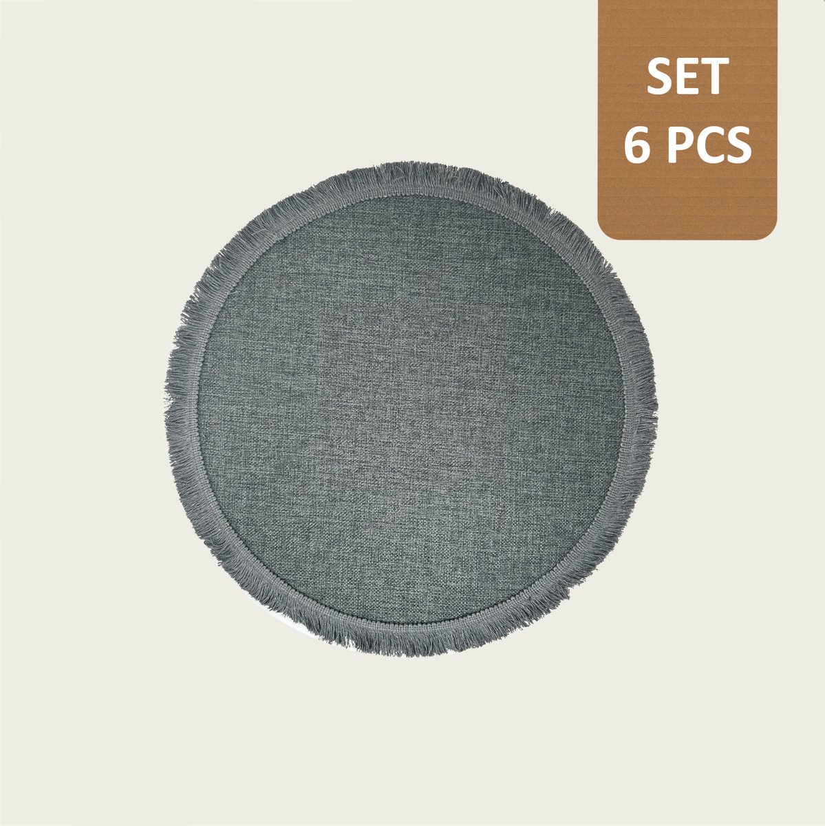 Arca TONDA - Placemats - Rond 39cm - Set van 6 - anthraciet - met franjes aan de boord in dezelfde kleur - polyester - makkelijk in onderhoud