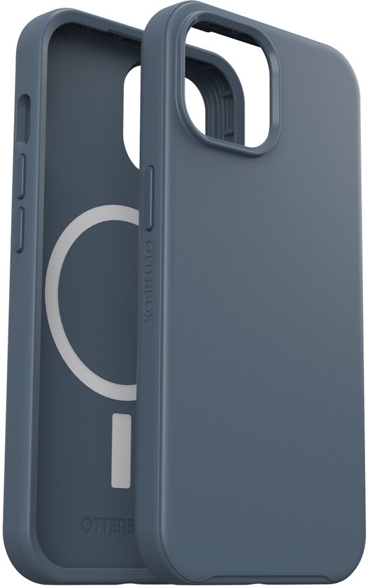 Binnenkant van een blauw OtterBox Symmetry hoesje voor iPhone, met MagSafe cirkel en OtterBox logo.