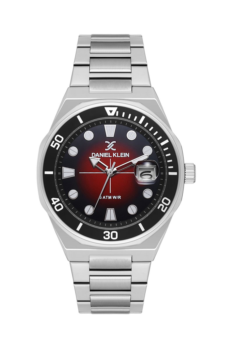 Daniel Klein DK.1.13989-5 - Horloge - Polshorloge - Analoog - Mannen - Heren - stalen band - Rond - Metaal - Streepjes - Stippen- Datumaanduiding - Zilverkleurig - Rood - Zwart - Wit
