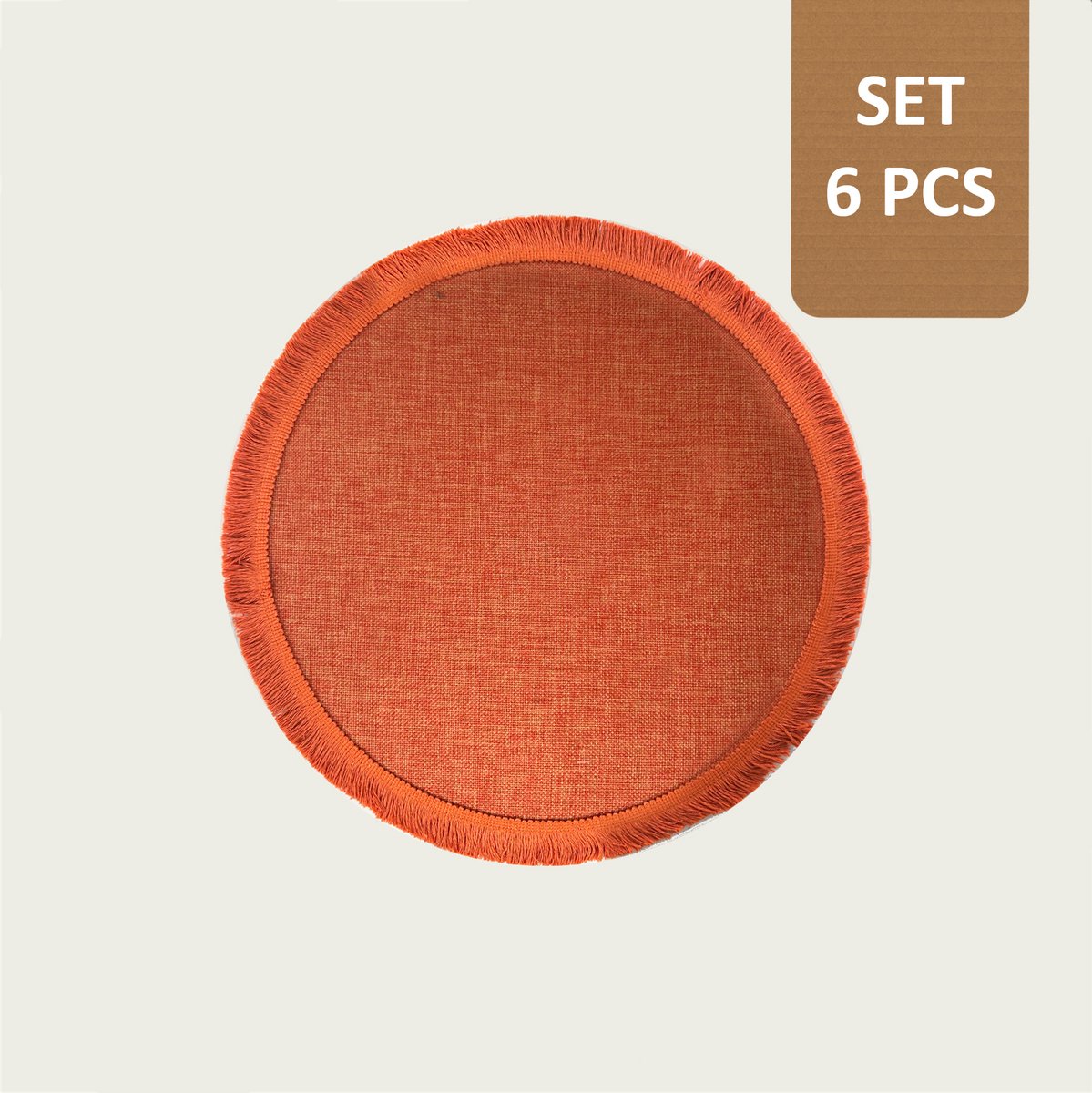 Arca TONDA - Placemats - Rond 39cm - Set van 6 - oranje - met franjes aan de boord in dezelfde kleur - polyester - makkelijk in onderhoud