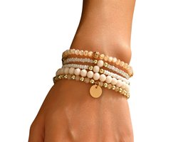 Bohemian Armbanden Set van Goud, Wit en Beige – Handgemaakte Wikkelarmbanden voor Dames & Vrouwen – Kleurrijke Kralenarmbanden, Elastisch & Comfortabel – Modeaccessoire voor Herfst & Winter – Sieraden Cadeau Idee – Moederdag