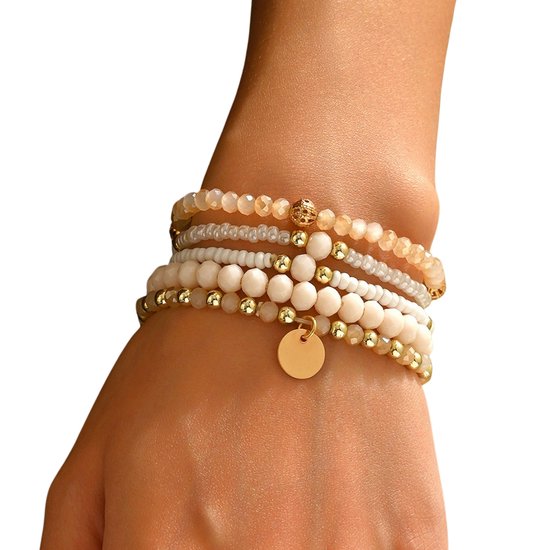 Bohemian Armbanden Set van 5 – Goud, Wit en Beige – Handgemaakte Wikkelarmbanden voor Dames & Vrouwen – Kleurrijke Kralenarmbanden, Elastisch & Comfortabel – Sieraden Cadeau Idee Moederdag