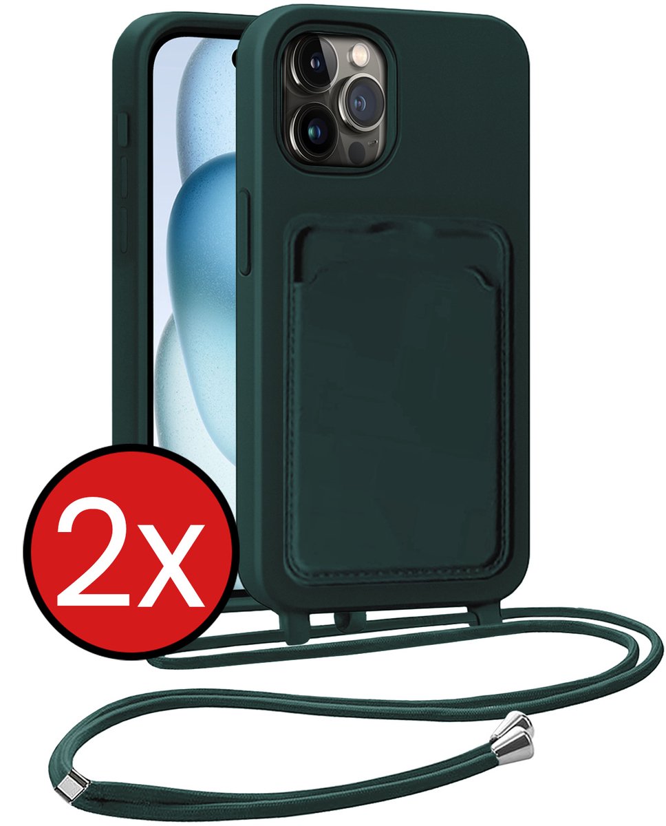 Hoesje Geschikt voor iPhone 14 Pro Max Hoesje Met Telefoonkoord en Pasjeshouder Siliconen - Hoes Geschikt voor iPhone 14 Pro Max Hoesje Met Kaarthouder Case - Donkergroen - 2 PACK