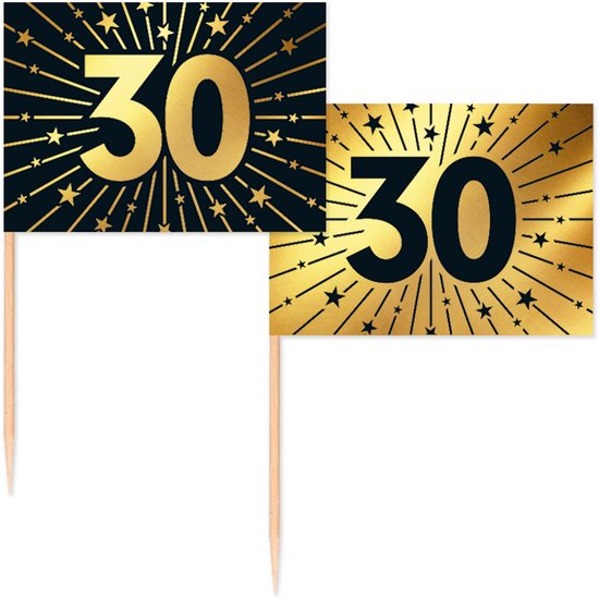 Twee vlagprikkers met het getal 30 in goud op een zwarte en gouden achtergrond met sterren en stralen.