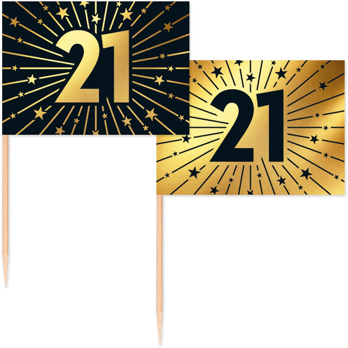 100 Vlagprikkers goud / zwart 21 jaar - Golden Celebrations - Hapjes Cocktailprikkers Tapas Prikkers Feestje