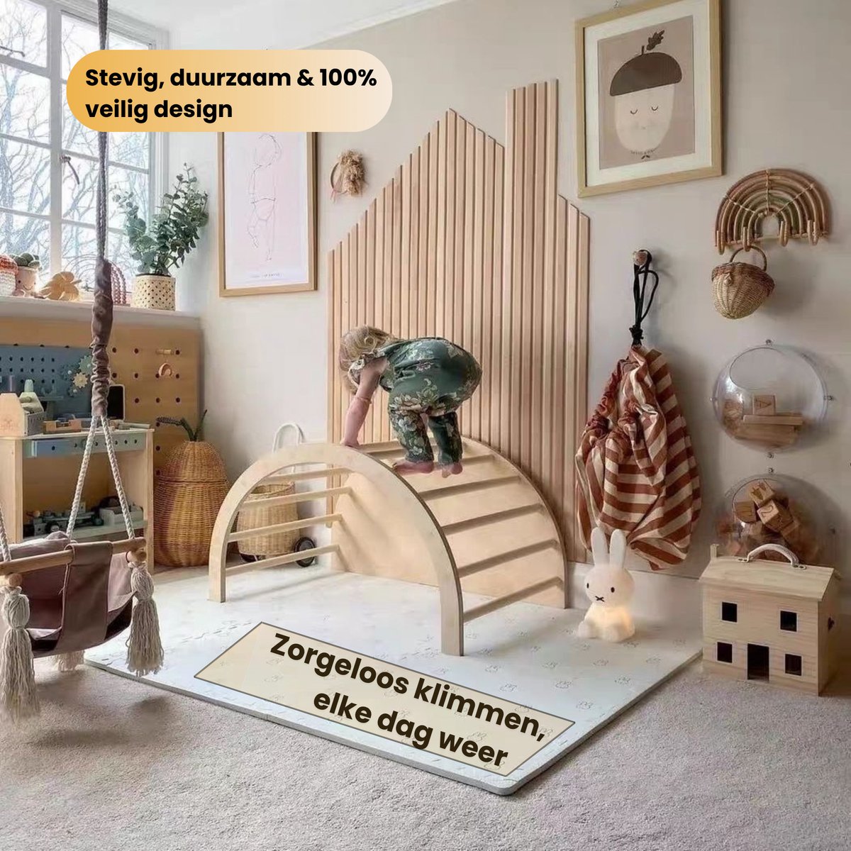 Wobli 5-in-1 Houten Klimboog & Klimrek - Inclusief Kussen - Montessori & Pikler Geïnspireerd - Prikkelarm Speelgoed - Scandinavisch Design - Duurzaam Hout - Vanaf 18 Maanden — afbeelding 6