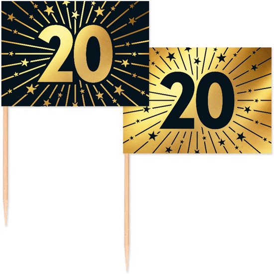 Twee vlagprikkers met de tekst '20' in goudkleurige cijfers. De ene vlag is zwart met gouden sterren en stralen, de andere is goudkleurig met zwarte sterren en stralen.