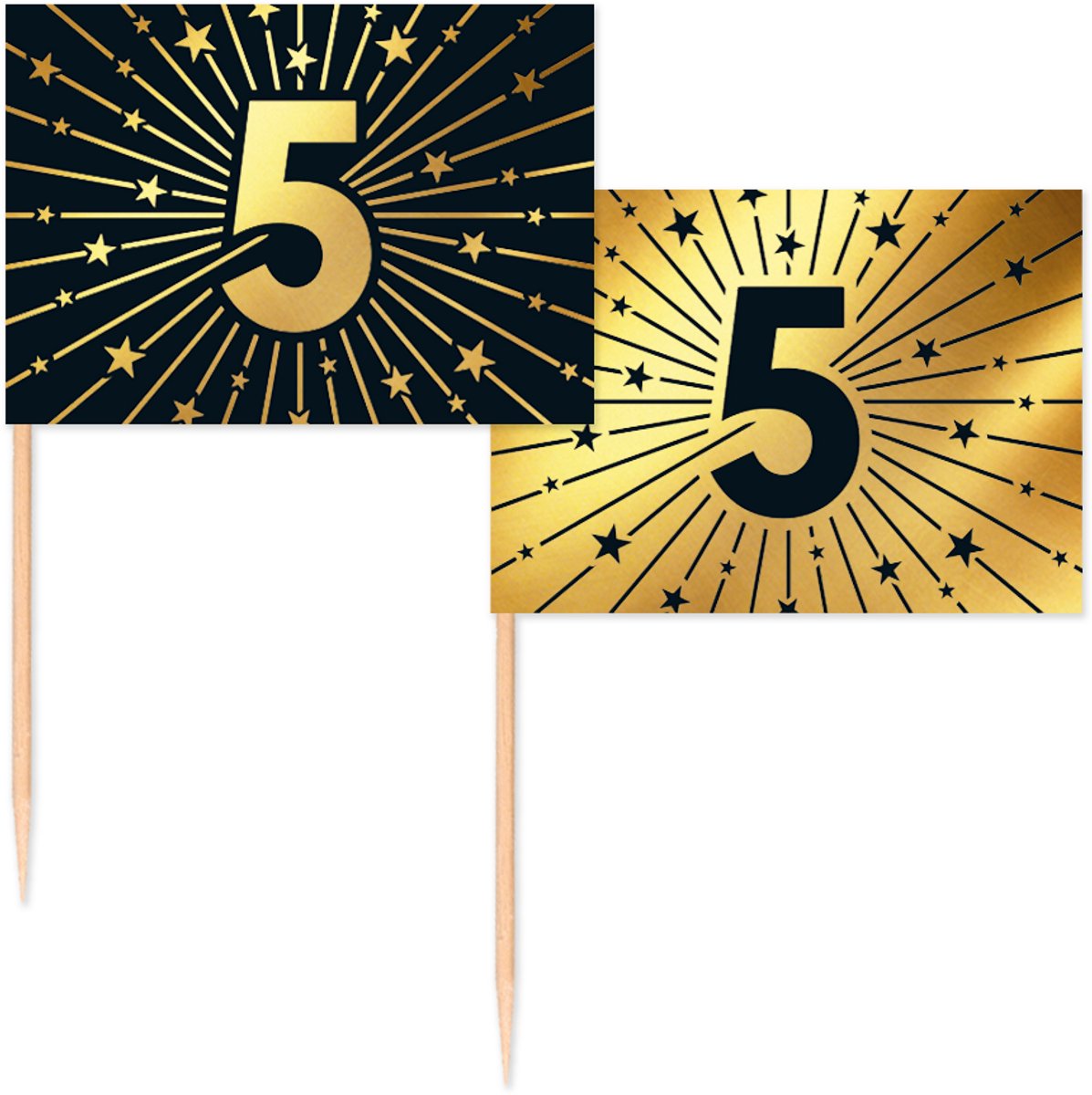 100 Vlagprikkers goud / zwart 5 jaar - Golden Celebrations - Hapjes Cocktailprikkers Tapas Prikkers Feestje