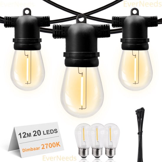 EverNeeds S14 Lichtsnoer Voor Buiten - 12 Meter - 20 LED - IP65 - Met Dimfunctie - Lichtslinger - Sfeerverlichting Buiten en Binnen - Tuinverlichting - Lampjes Slinger - 2700K - 3 Extra Leds