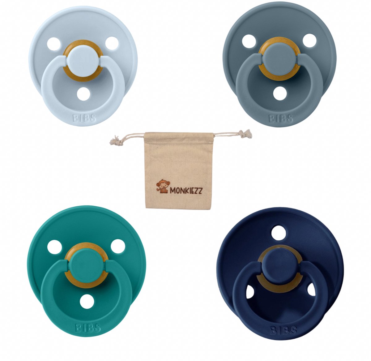 Goedkoopste Bibs fopspenen maat 2 6-18 maanden| Set 4 stuks| Baby Blue, Deep space, petrol, Scuba Monkiezz speenzakje